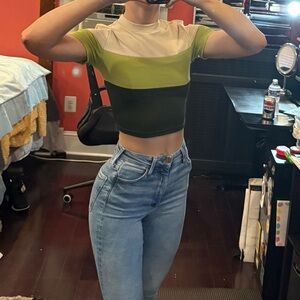SHEIN Green and Cream Colorblock Crop Top